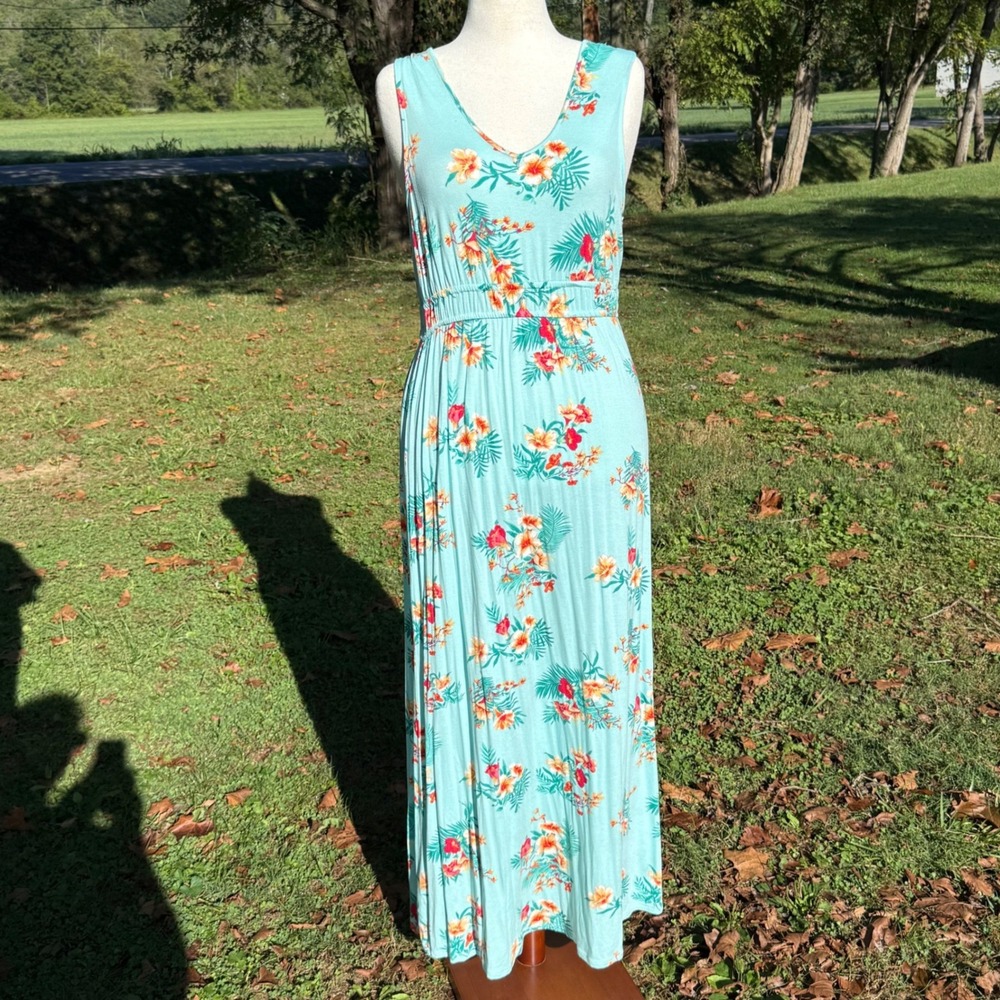Olive + Oak Women Blue Floral Tropical Maxi Dress XL Sleeveless Resort Cruise